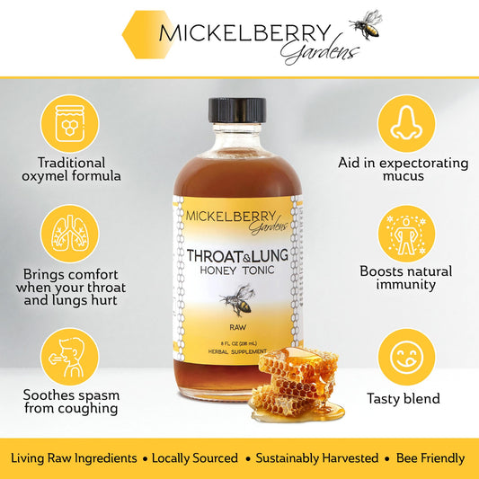 Mickelberry Gardens Throat and Lung herbal syrup back label showing organic ingredients.