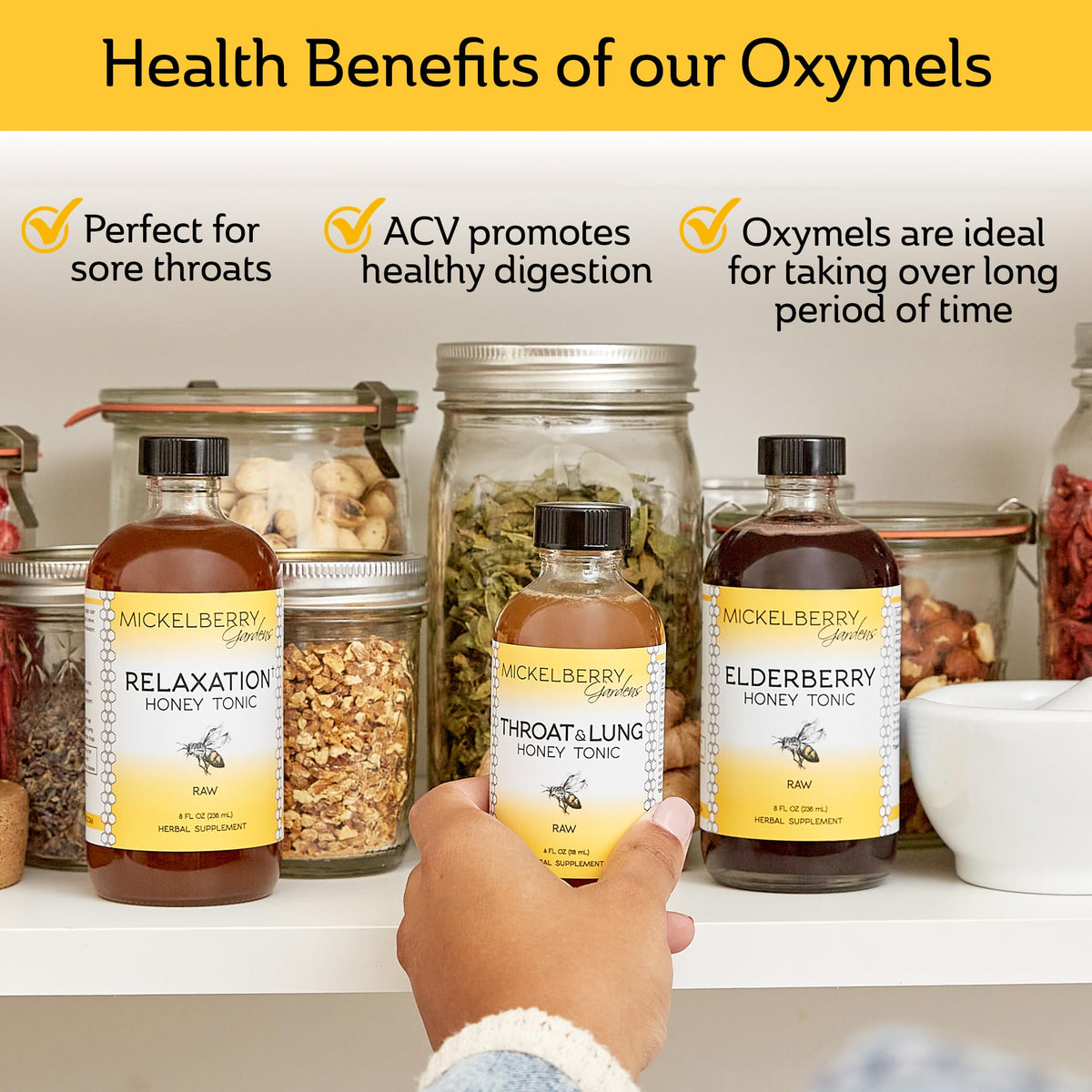 Mickelberry Gardens sore throat relief syrup for adults and kids product shot.