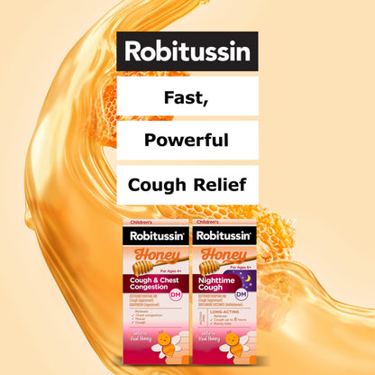 Robitussin Children's Honey Nighttime Cough DM bottle displaying dosage instructions
