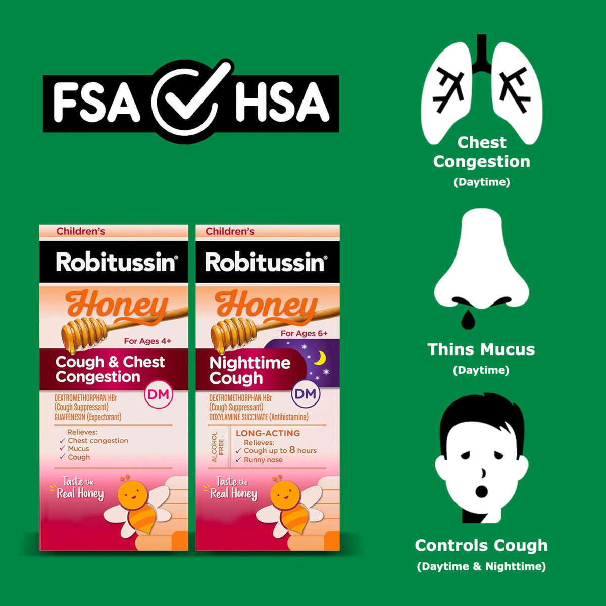 Robitussin real honey certified logo and active ingredients label on carton