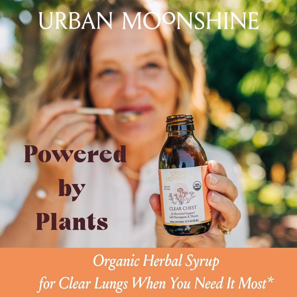 Organic clear lungs syrup by Urban Moonshine featuring elecampane and thyme ingredients.
