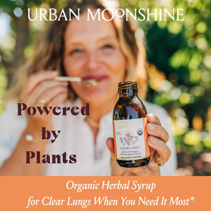 Organic clear lungs syrup by Urban Moonshine featuring elecampane and thyme ingredients.