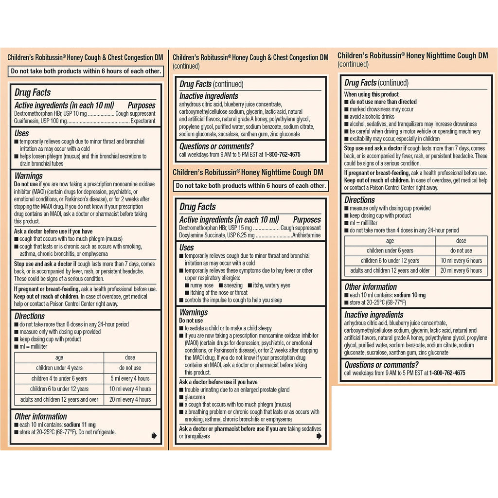 Back of the box for Robitussin honey variety pack showing precise drug facts table