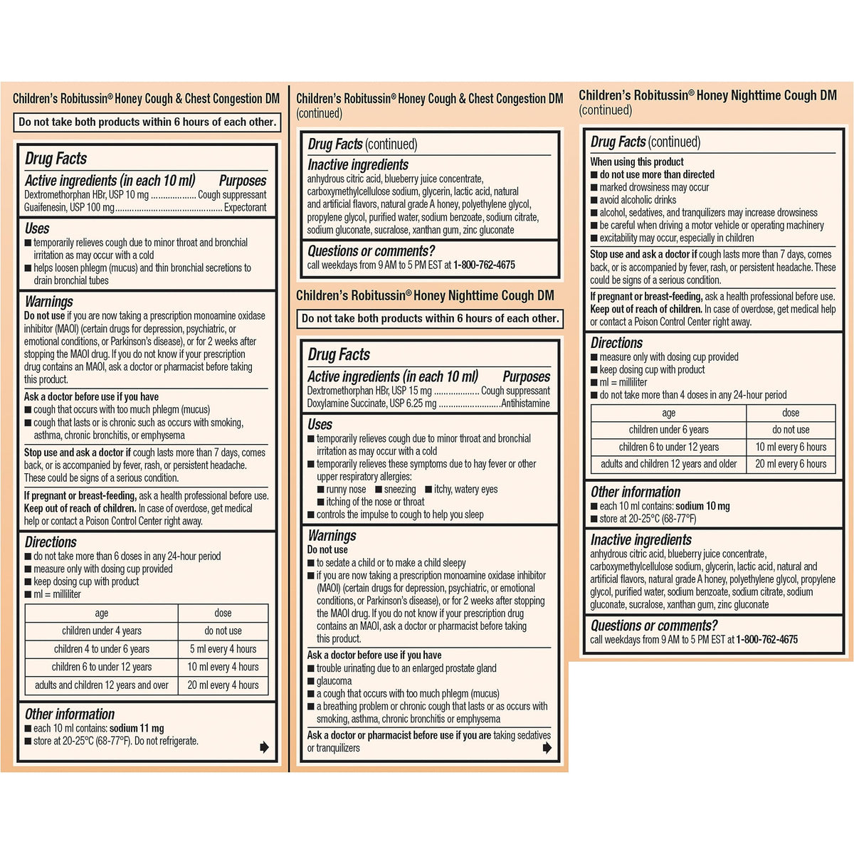 Back of the box for Robitussin honey variety pack showing precise drug facts table