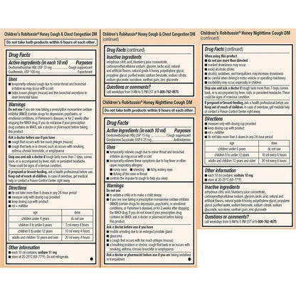 Back of the box for Robitussin honey variety pack showing precise drug facts table