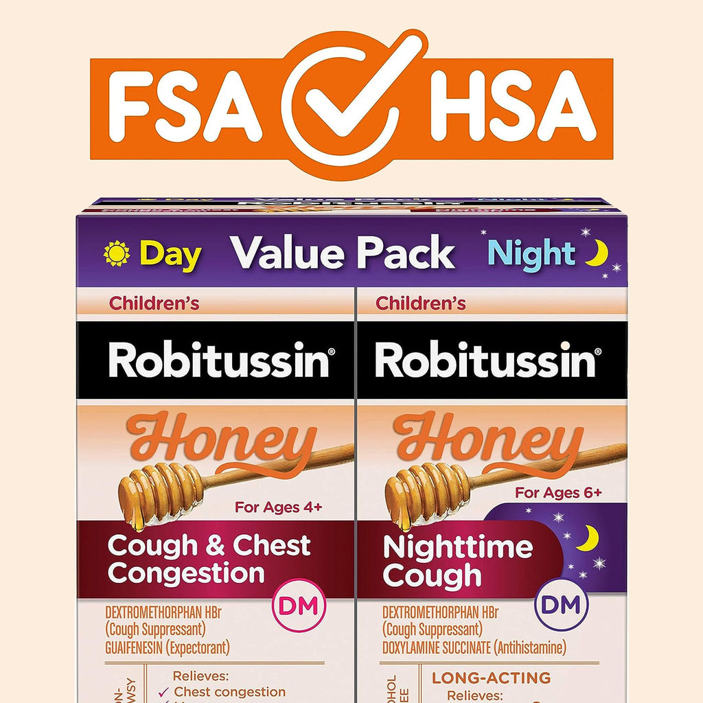 Two individual four fluid ounce bottles of children's Robitussin honey side by side