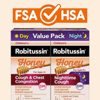 Two individual four fluid ounce bottles of children's Robitussin honey side by side