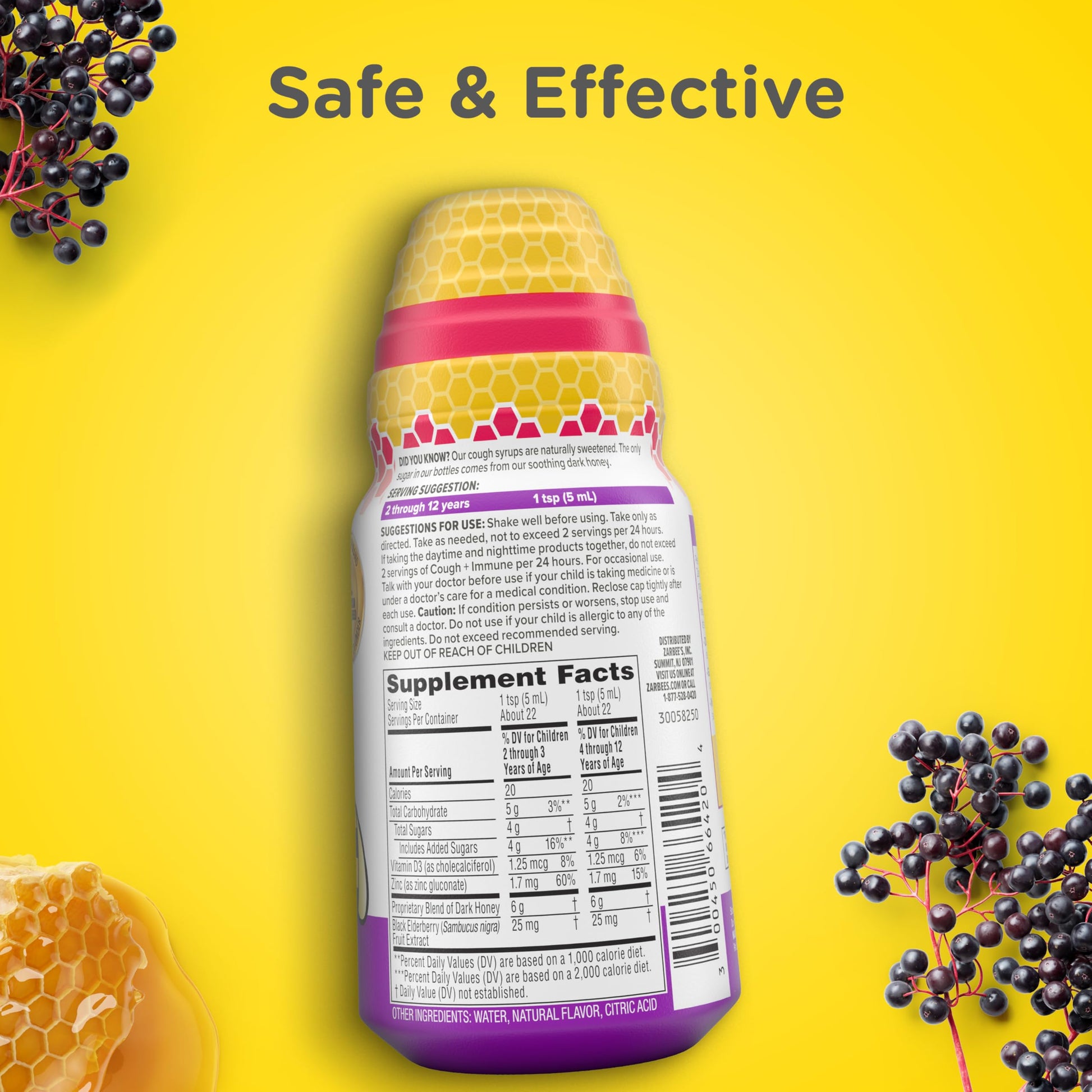 Side view of Zarbee's mixed berry flavor immune support supplement for kids 2 plus