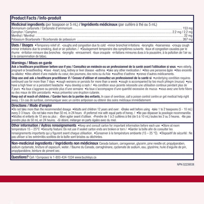 Buckley's non-drowsy cough syrup ingredient label showing ammonium carbonate and potassium bicarbonate details.