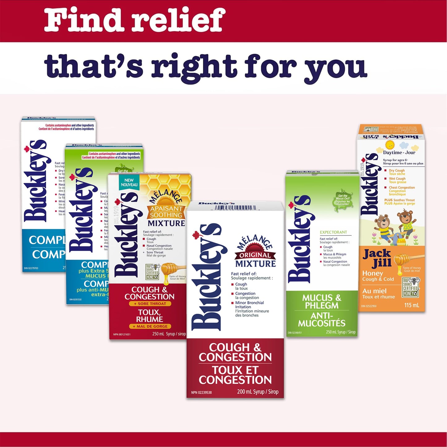 Buckley's Original Mixture product box displaying the iconic brand layout and bottle profile.