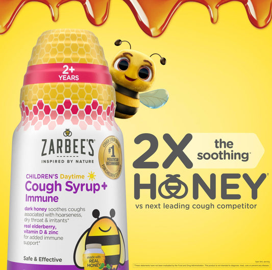 Zarbee's toddler daytime cough syrup bottle with dark honey elderberry and zinc for immune support.