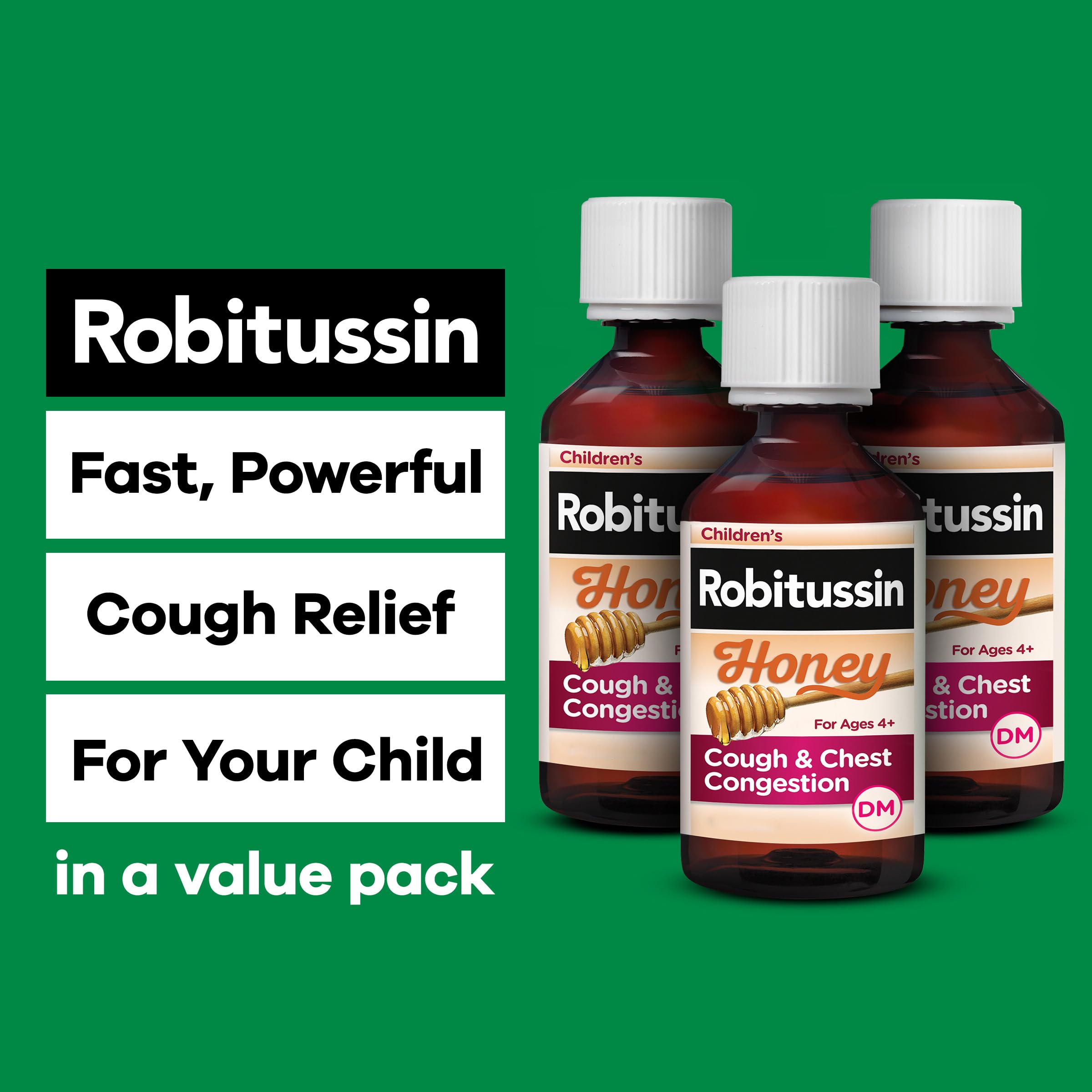 Robitussin kids honey cough syrup packaging showing active ingredients dextromethorphan and guaifenesin.