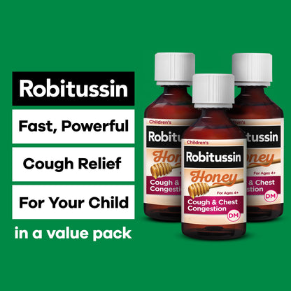 Robitussin kids honey cough syrup packaging showing active ingredients dextromethorphan and guaifenesin.