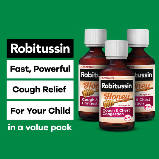 Robitussin kids honey cough syrup packaging showing active ingredients dextromethorphan and guaifenesin.