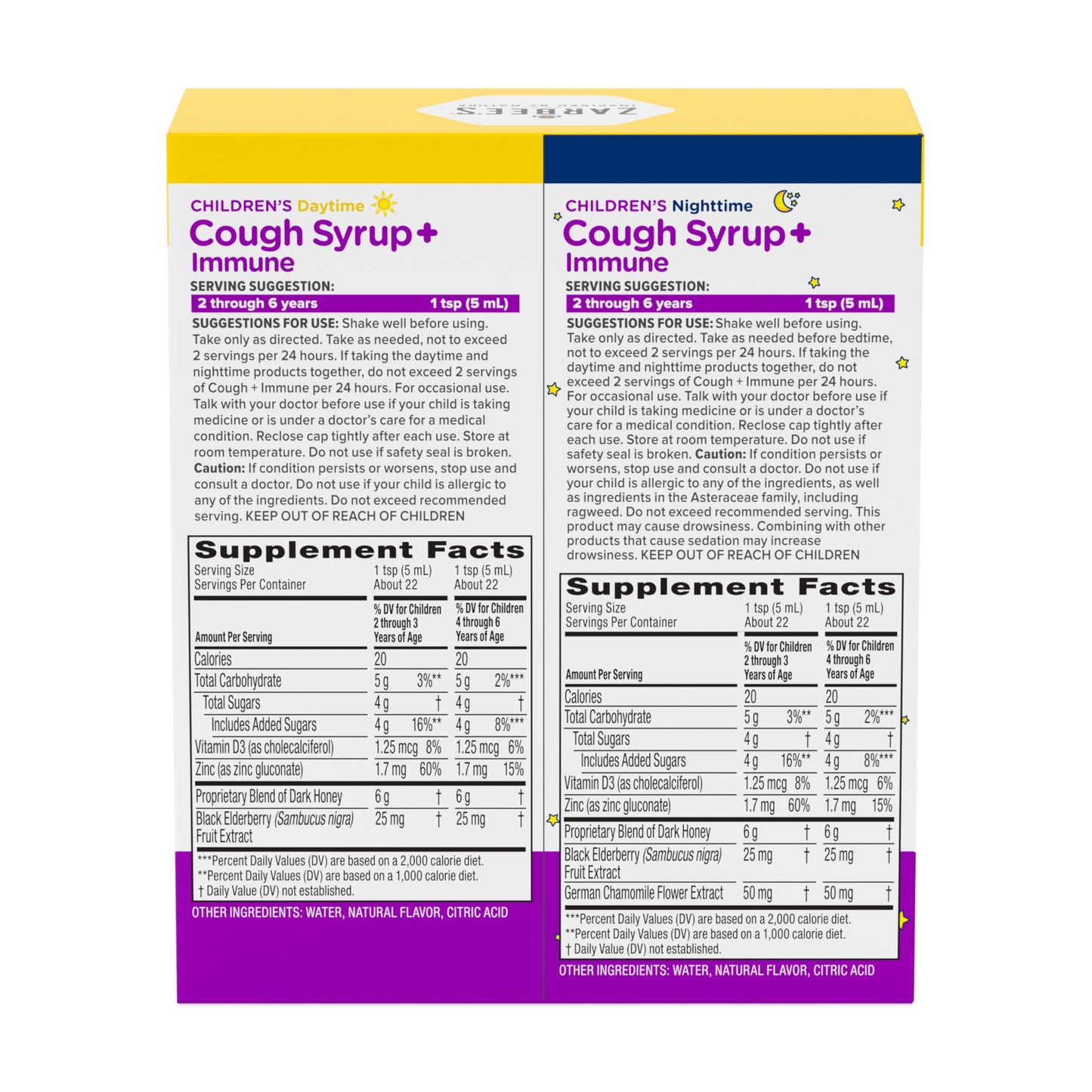 Authentic USA imported Zarbee's kids day and night immune protection pack standing upright.
