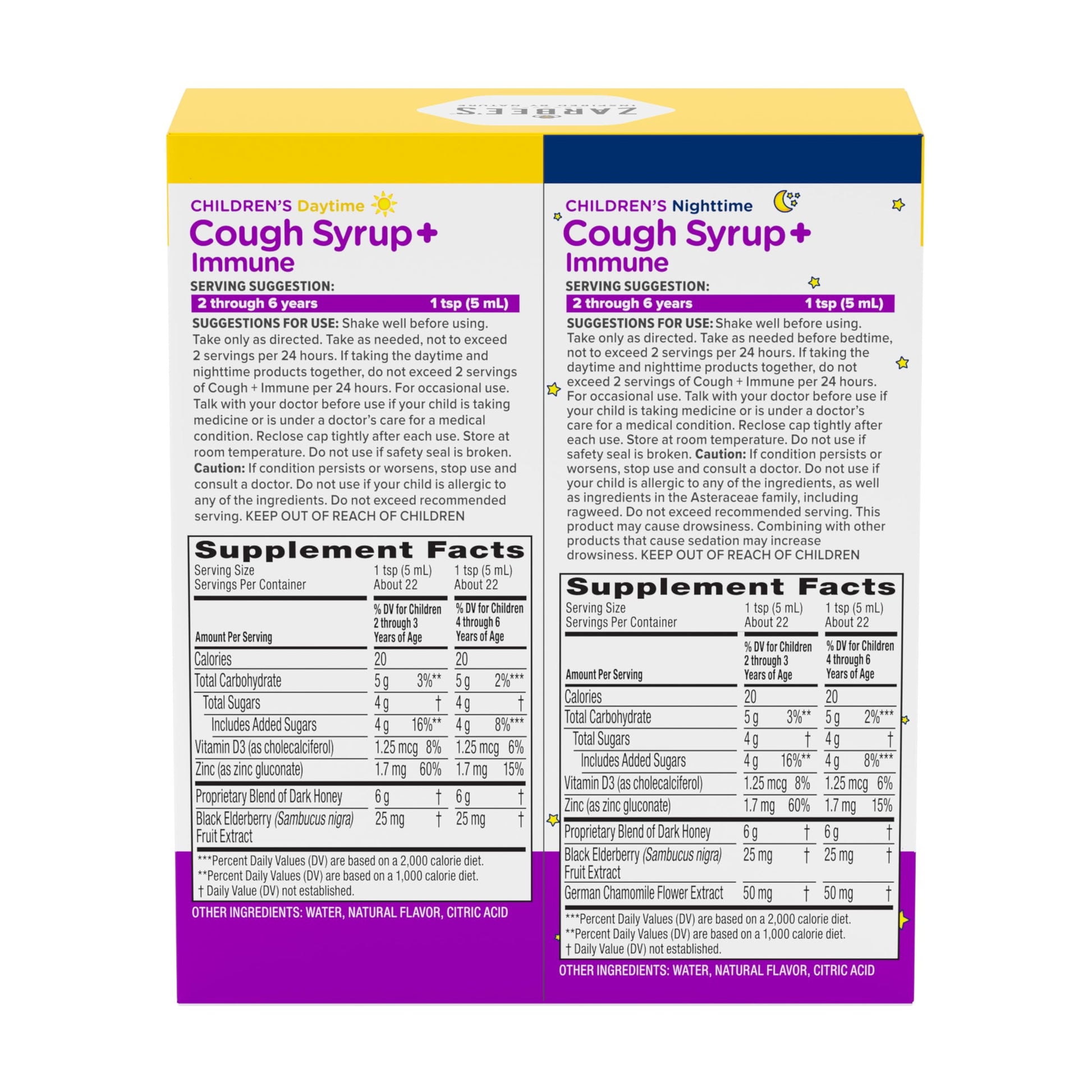 Authentic USA imported Zarbee's kids day and night immune protection pack standing upright.