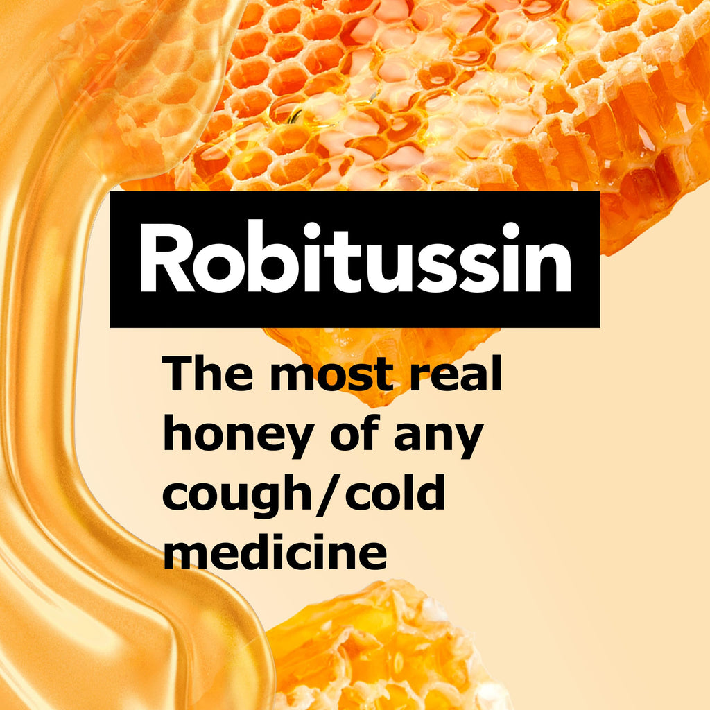 Close up of the real honey flavor label on the pediatric chest congestion liquid medicine bottle.