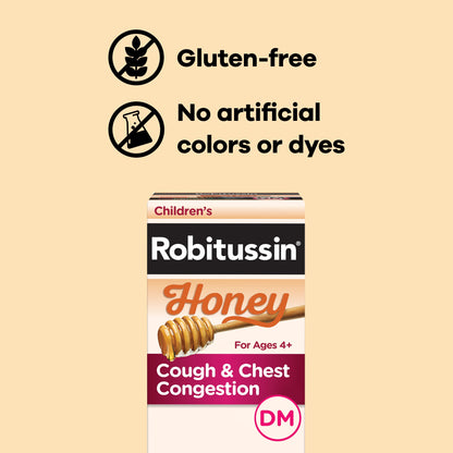 Robitussin kids medicine bundle packaging highlighting the gluten free and artificial color free badges.