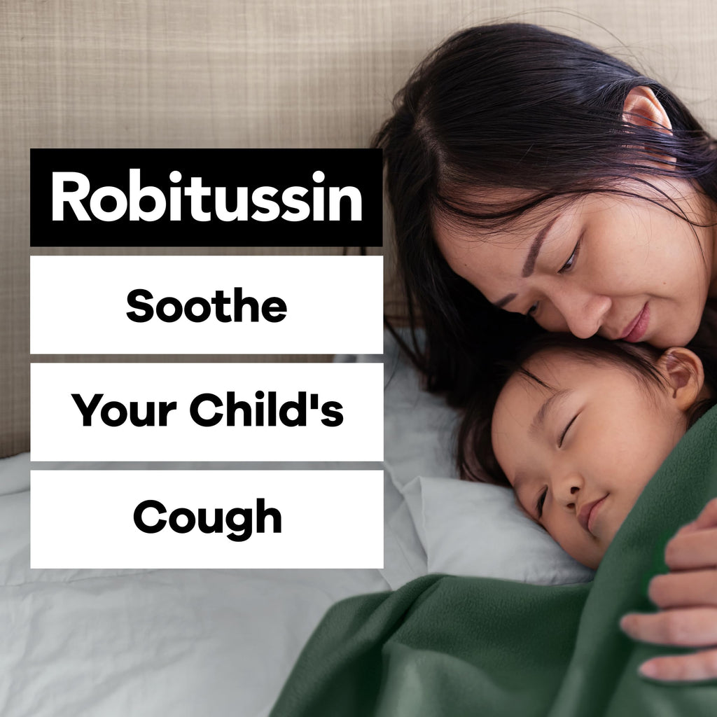Side view of Robitussin children's cough syrup showing the enclosed clear plastic dosing cup.