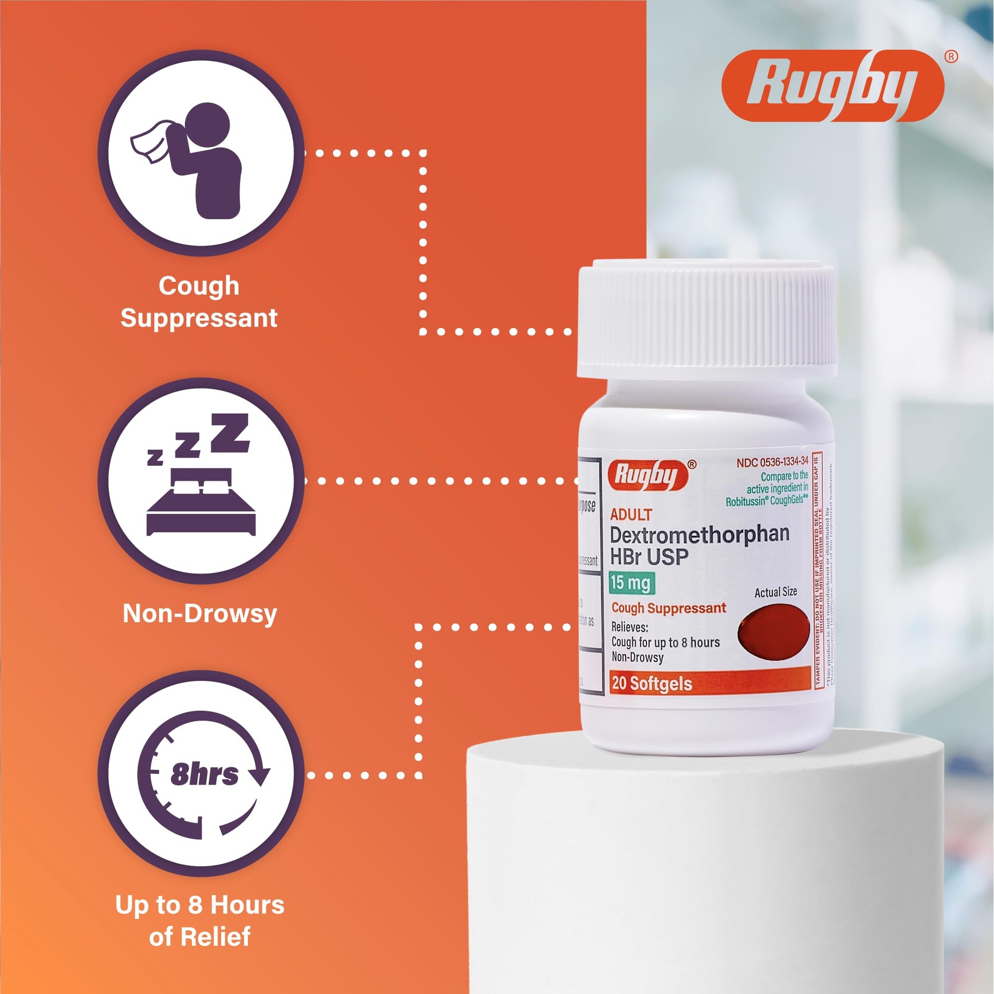 Rugby adult cough relief softgels side panel displaying drug facts and 8 hour relief claim.