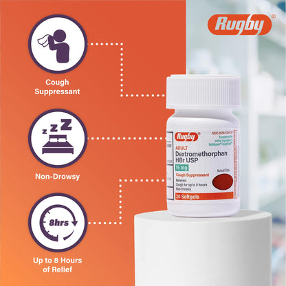 Rugby adult cough relief softgels side panel displaying drug facts and 8 hour relief claim.