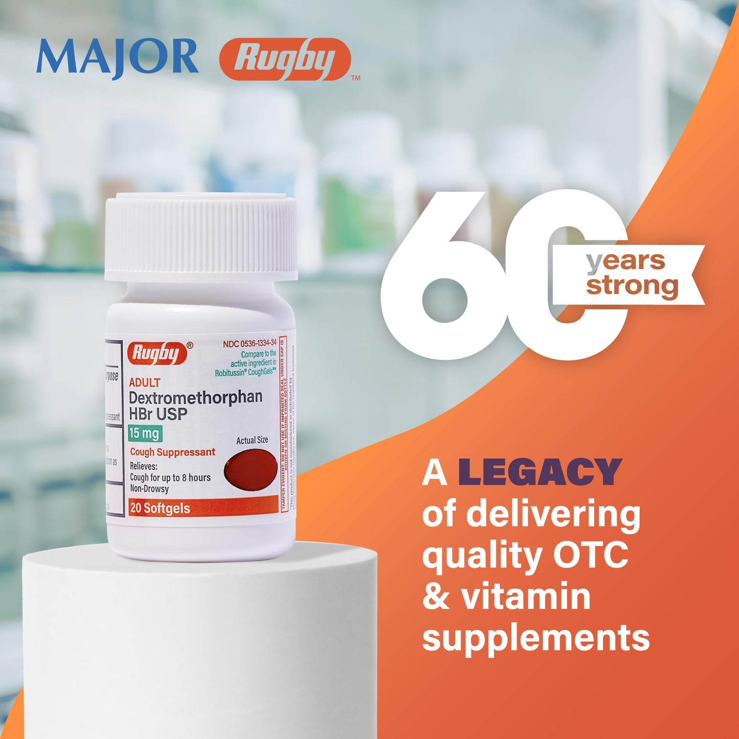 Imported Rugby USA adult cough remedy softgels package backing with directions for use.