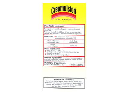 Creomulsion USA imported cough medicine showing the dye free and alcohol free label.