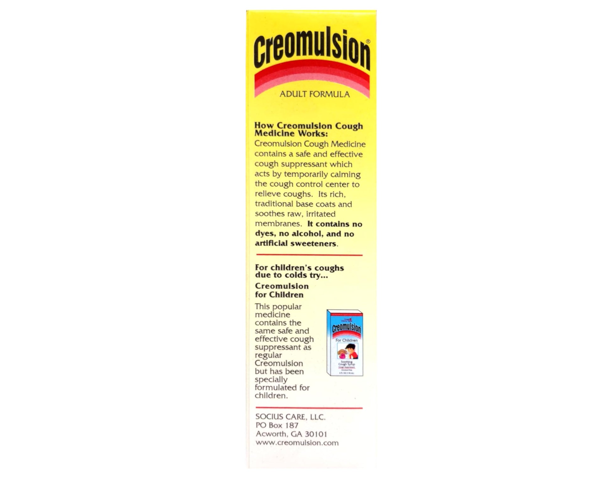 Creomulsion cough syrup bottle with the enclosed dosing cup for precise measurements.