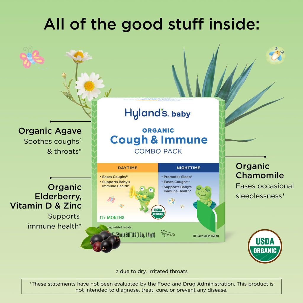 Hyland's nighttime organic baby cough supplement bottle showing chamomile sleep support details