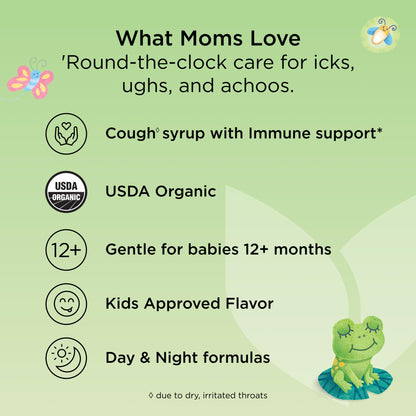 Two fluid ounce bottles of drug-free toddler cough syrup side by side