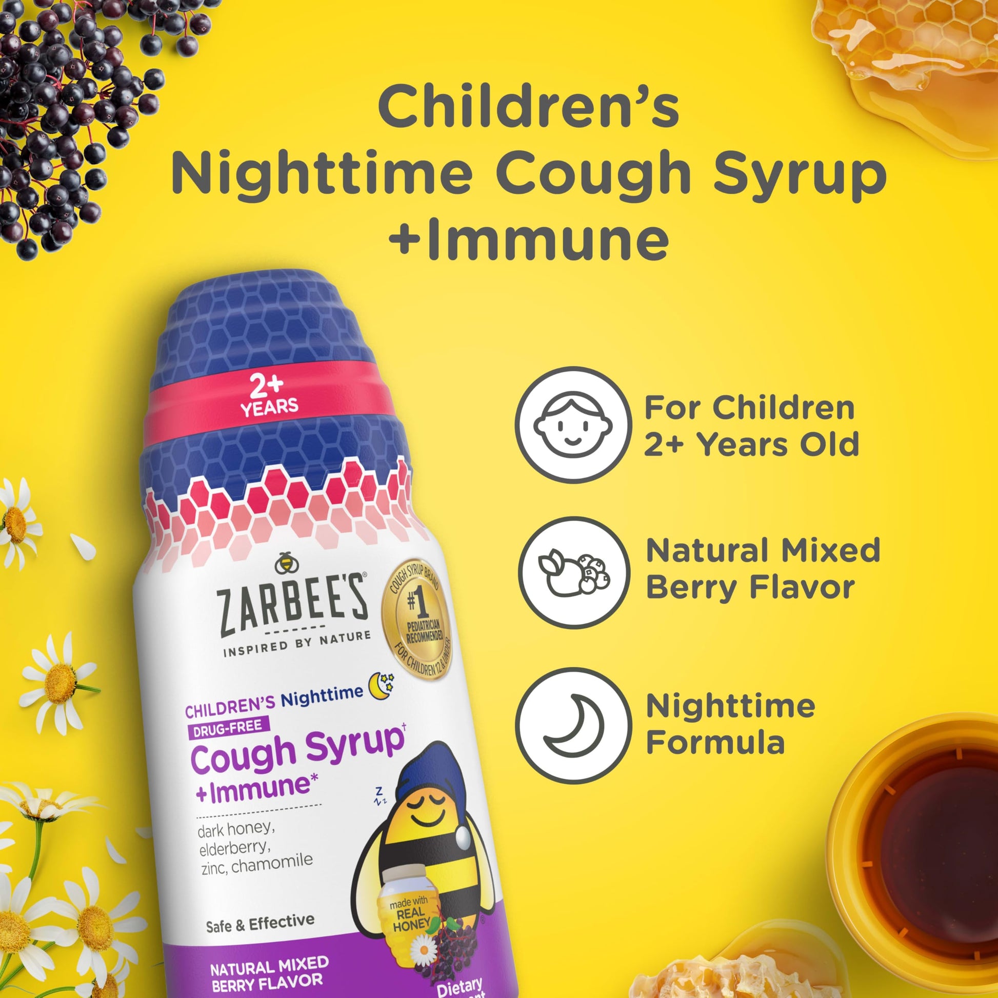 Back label of Zarbee's pediatric drug-free dark honey cough liquid listing clean ingredients
