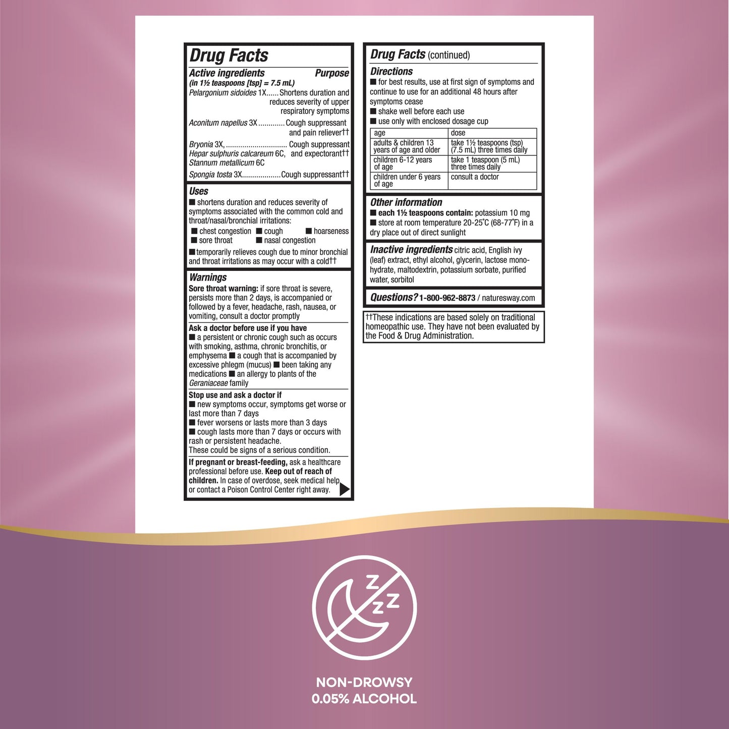 Side view of Nature's Way Umcka homeopathic remedy emphasizing the phenylephrine free formulation