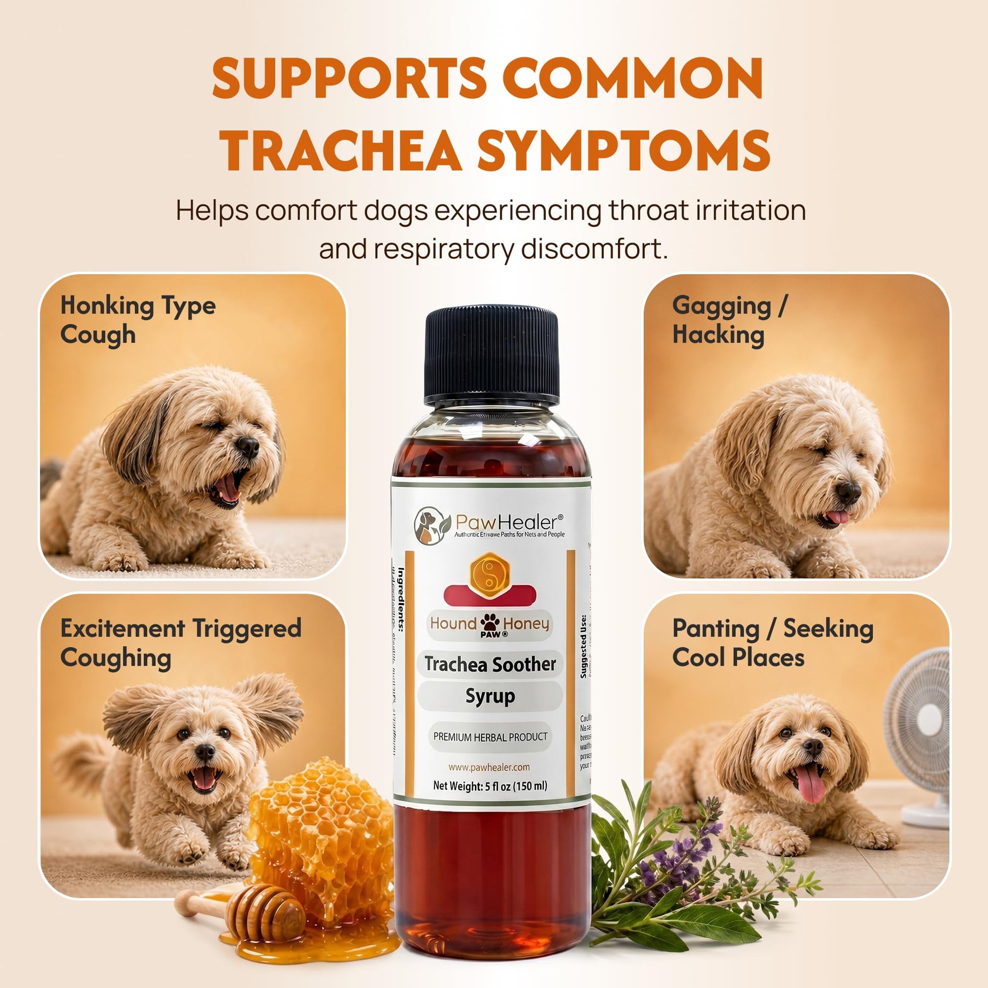 Side view of PawHealer Trachea Soother liquid syrup for dogs suffering from honking cough