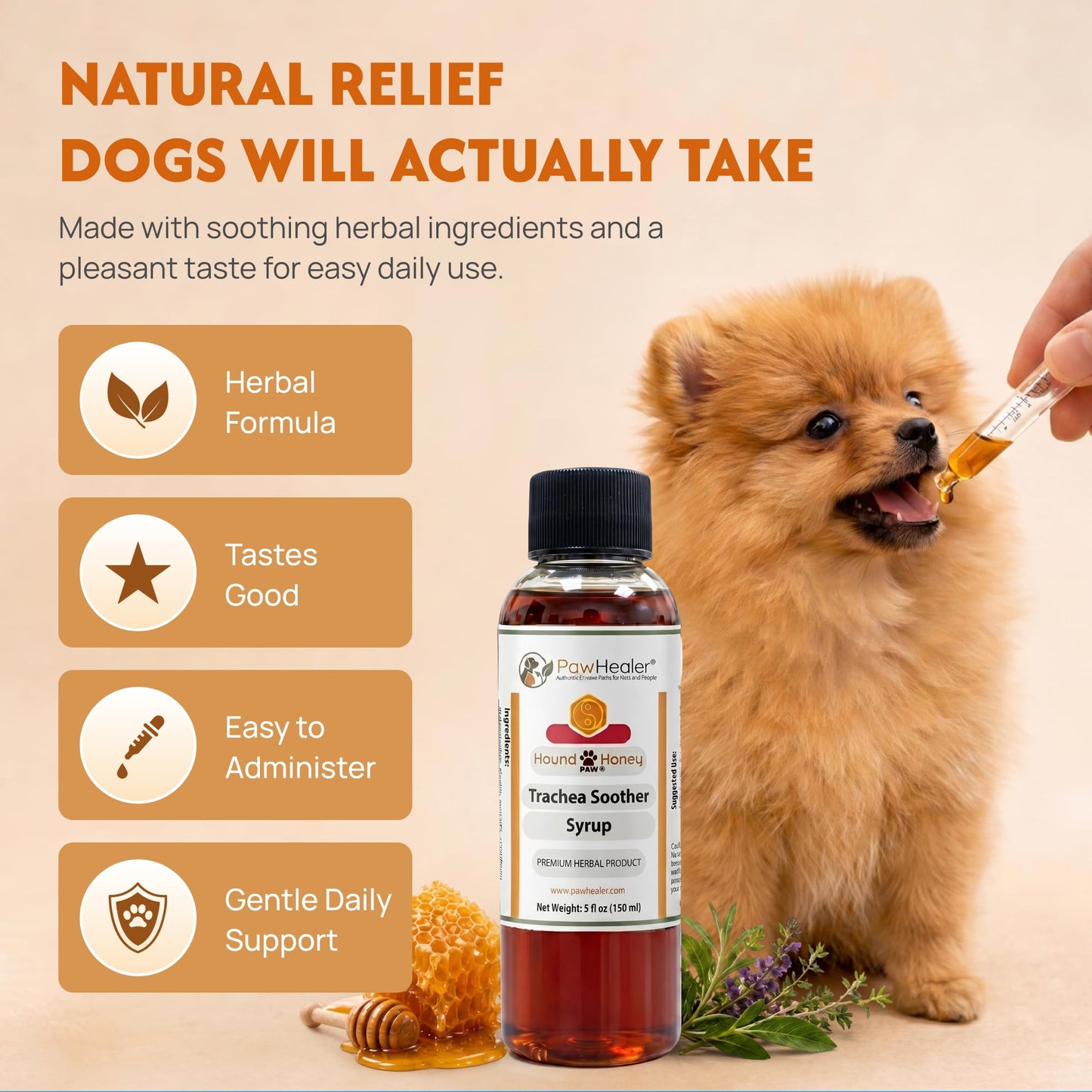 Authentic USA imported PawHealer Hound Honey supplement bottle with clear dosage instructions
