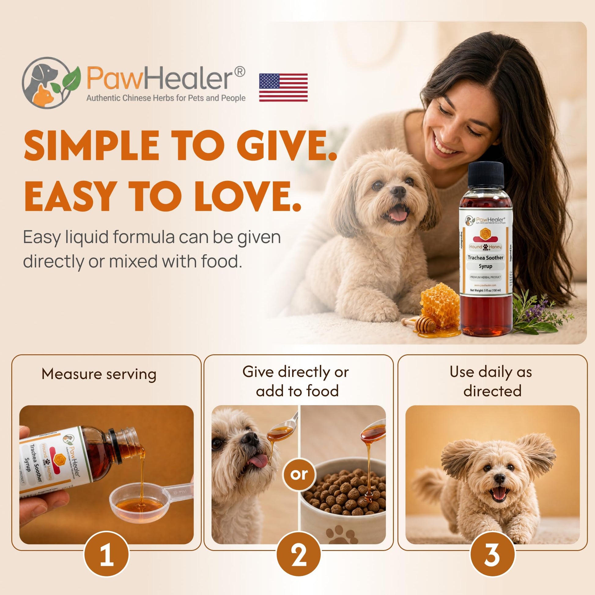 Close up of PawHealer pet throat soothing syrup bottle cap and premium label design