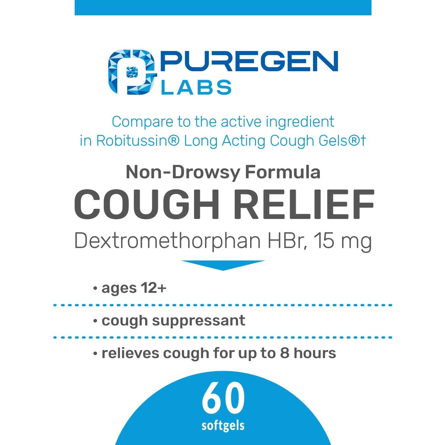 Puregen Labs 8 hour non drowsy bronchial suppressant liquid filled softgels packaging details.