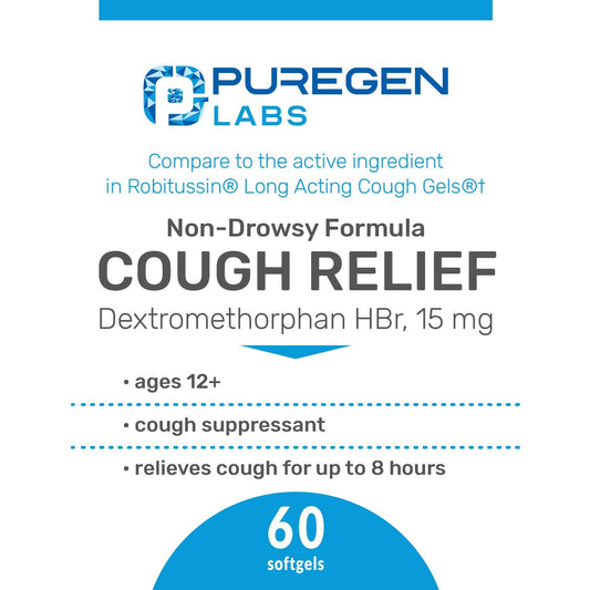 Puregen Labs 8 hour non drowsy bronchial suppressant liquid filled softgels packaging details.