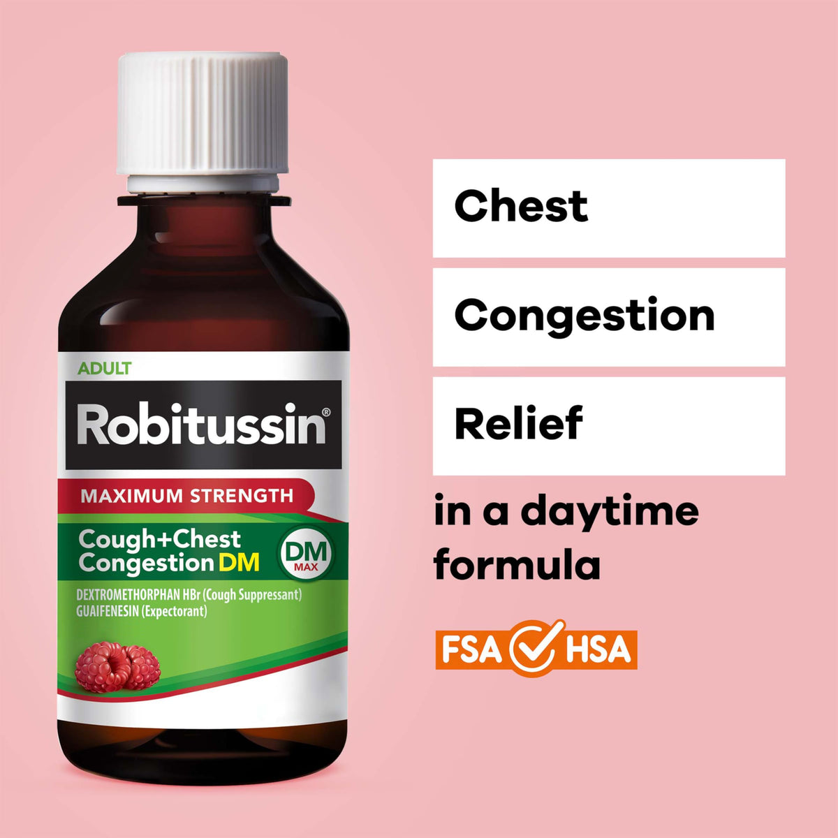 Robitussin Cough and Chest Congestion liquid medicine bottle standing upright next to its official retail box.