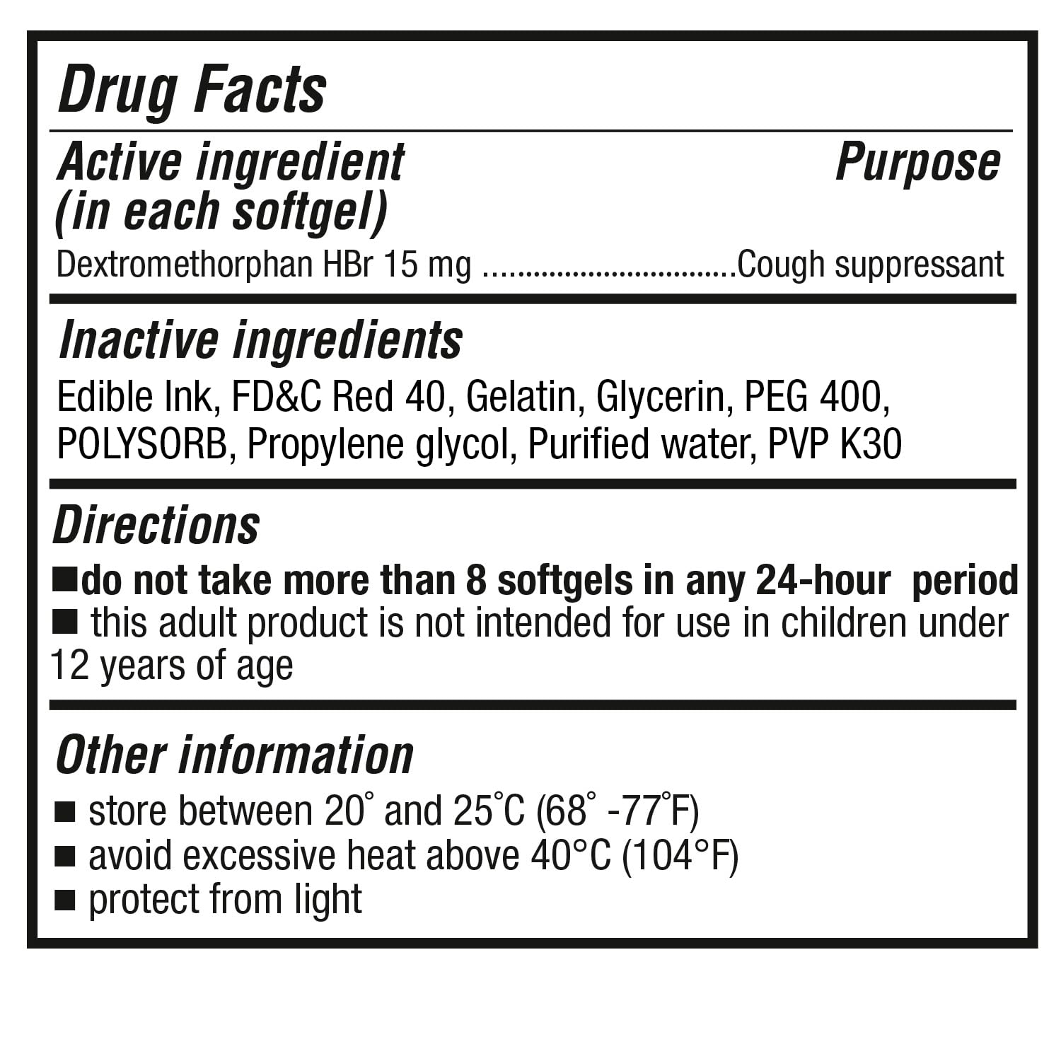 Supplement facts and dosage instructions on the back label of Puregen Labs adult cough relief.