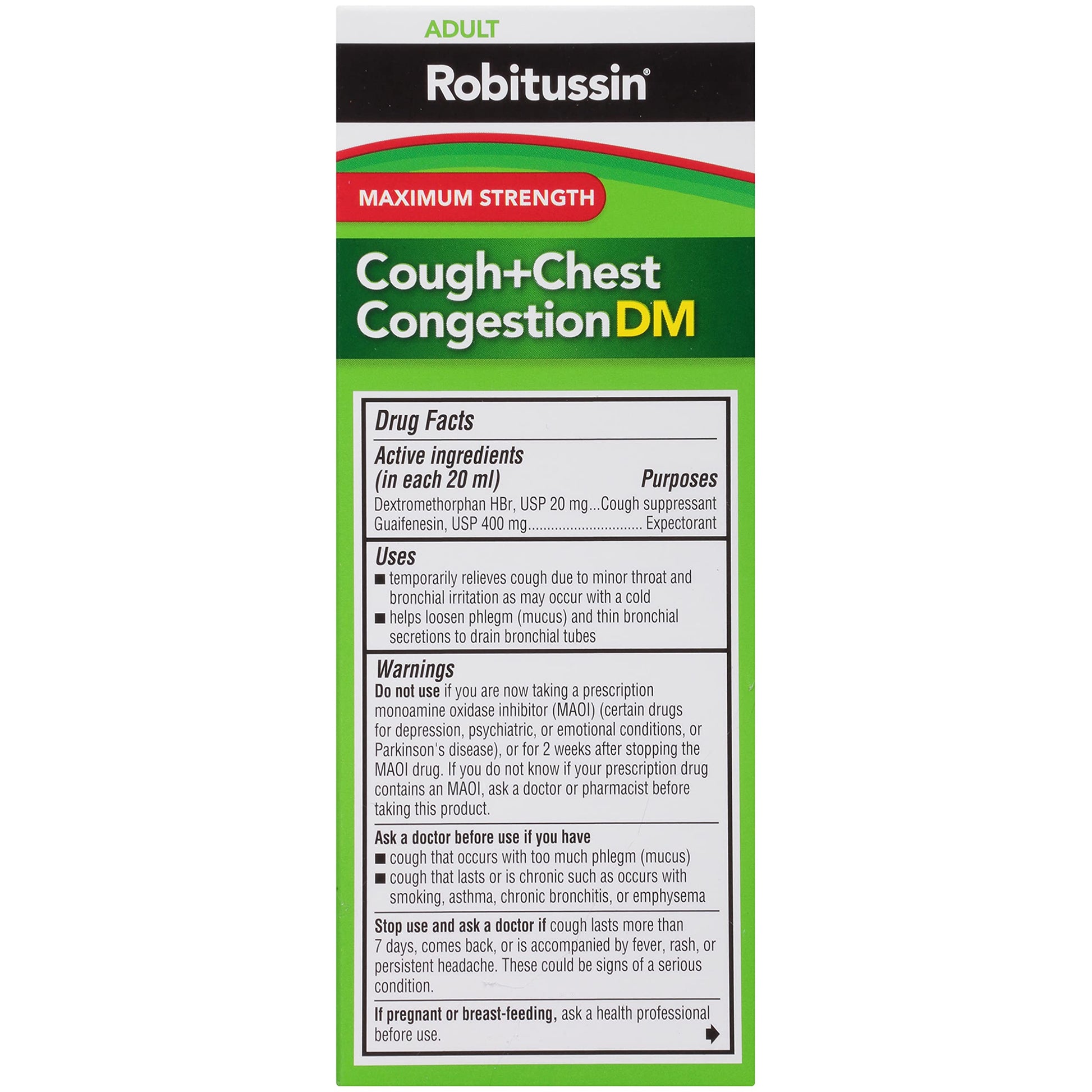 Full retail presentation of the USA sourced raspberry flavored adult chest congestion medicine on a clean surface.