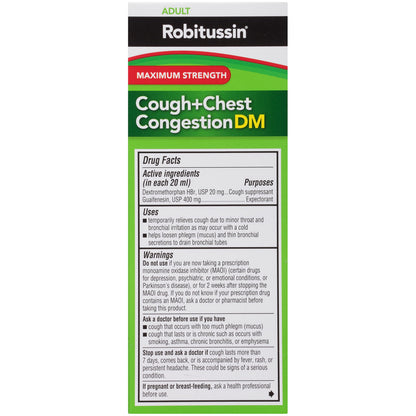 Full retail presentation of the USA sourced raspberry flavored adult chest congestion medicine on a clean surface.