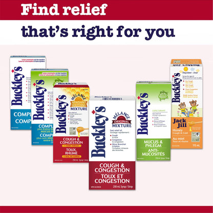 Buckley's Original Cough Syrup box and bottle packaging clearly displaying guaifenesin content