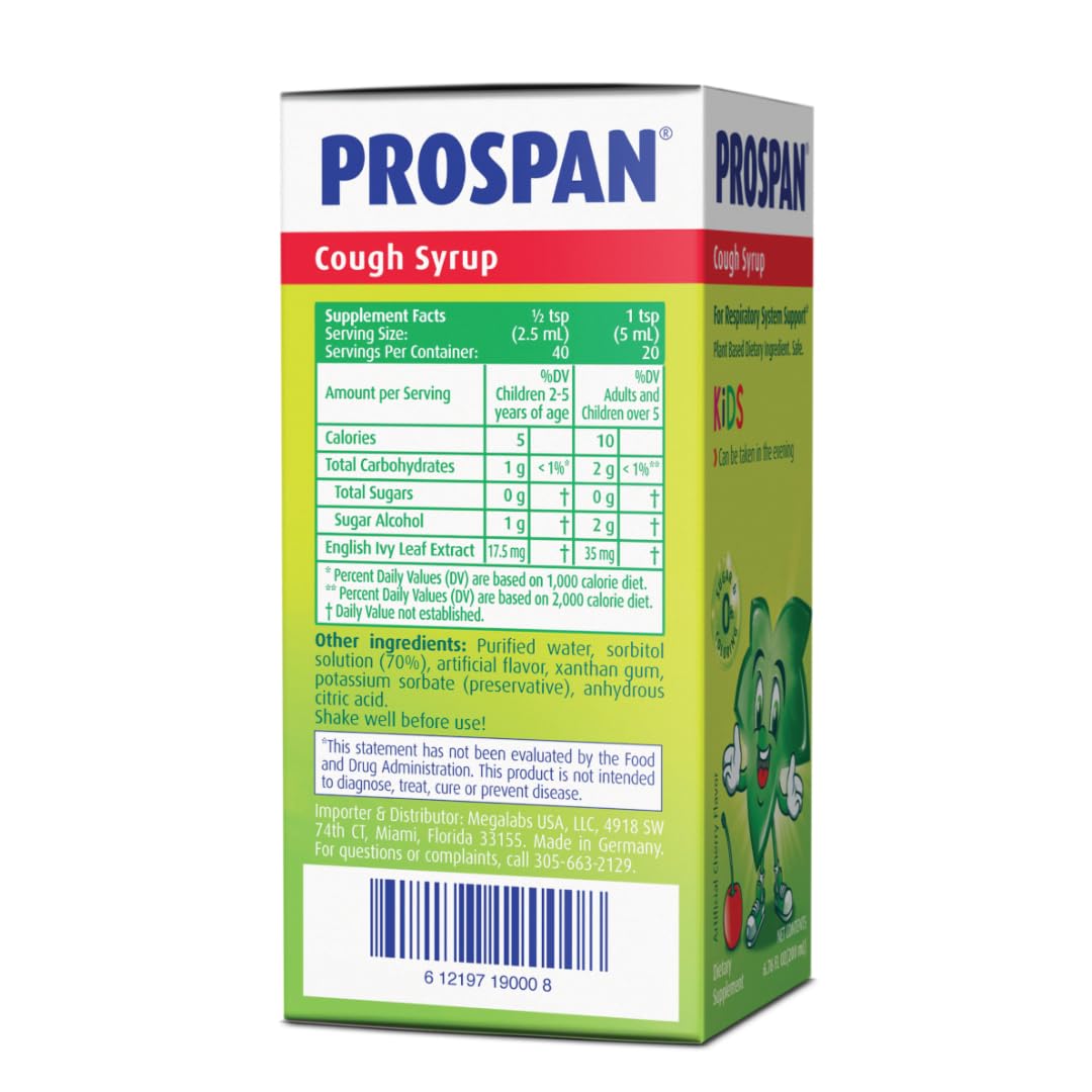 Prospan Kids herbal cough relief syrup showing ingredient panel and ivy leaf logo