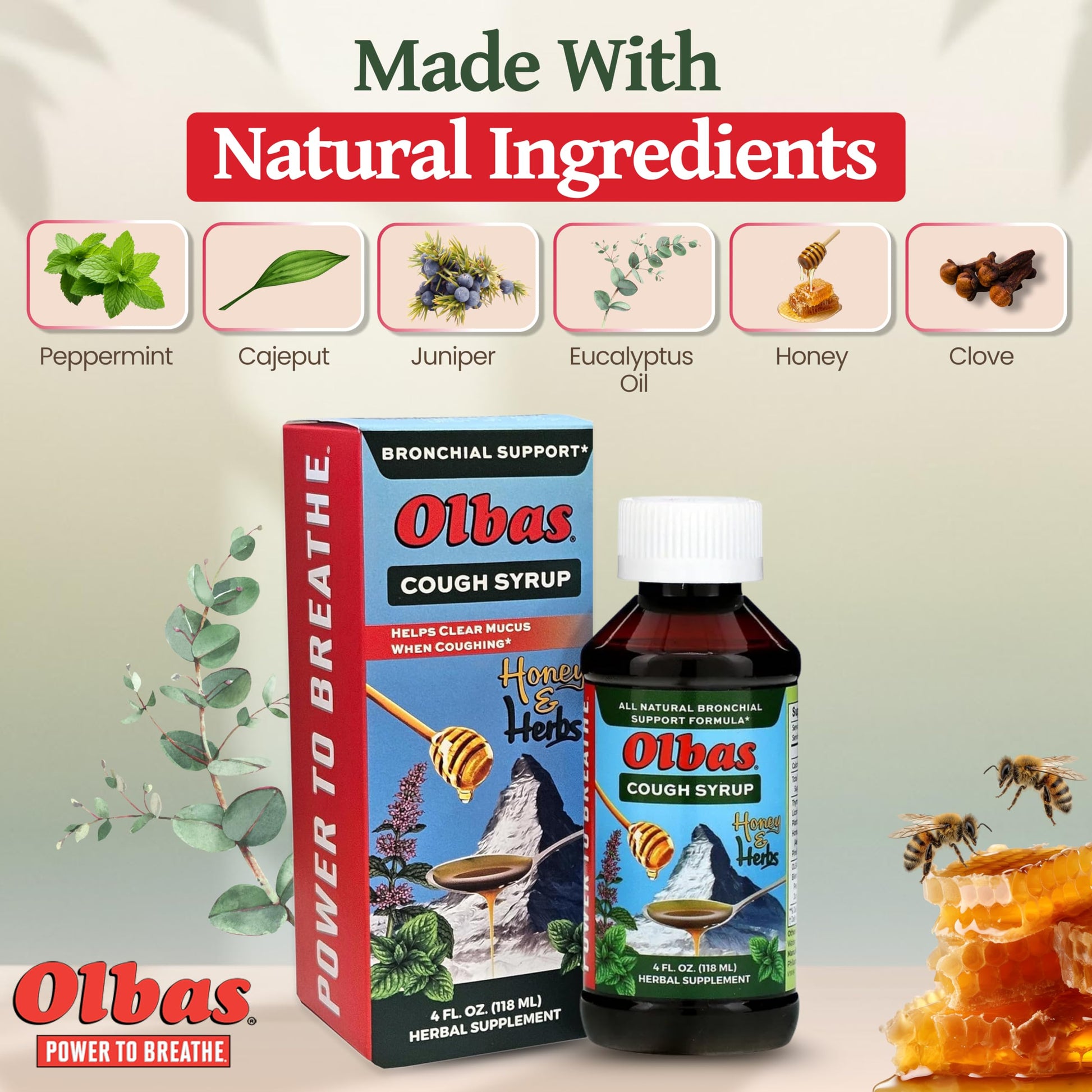 Olbas Cough Suppressant pack of 2 bottles displaying nutritional facts and ingredients