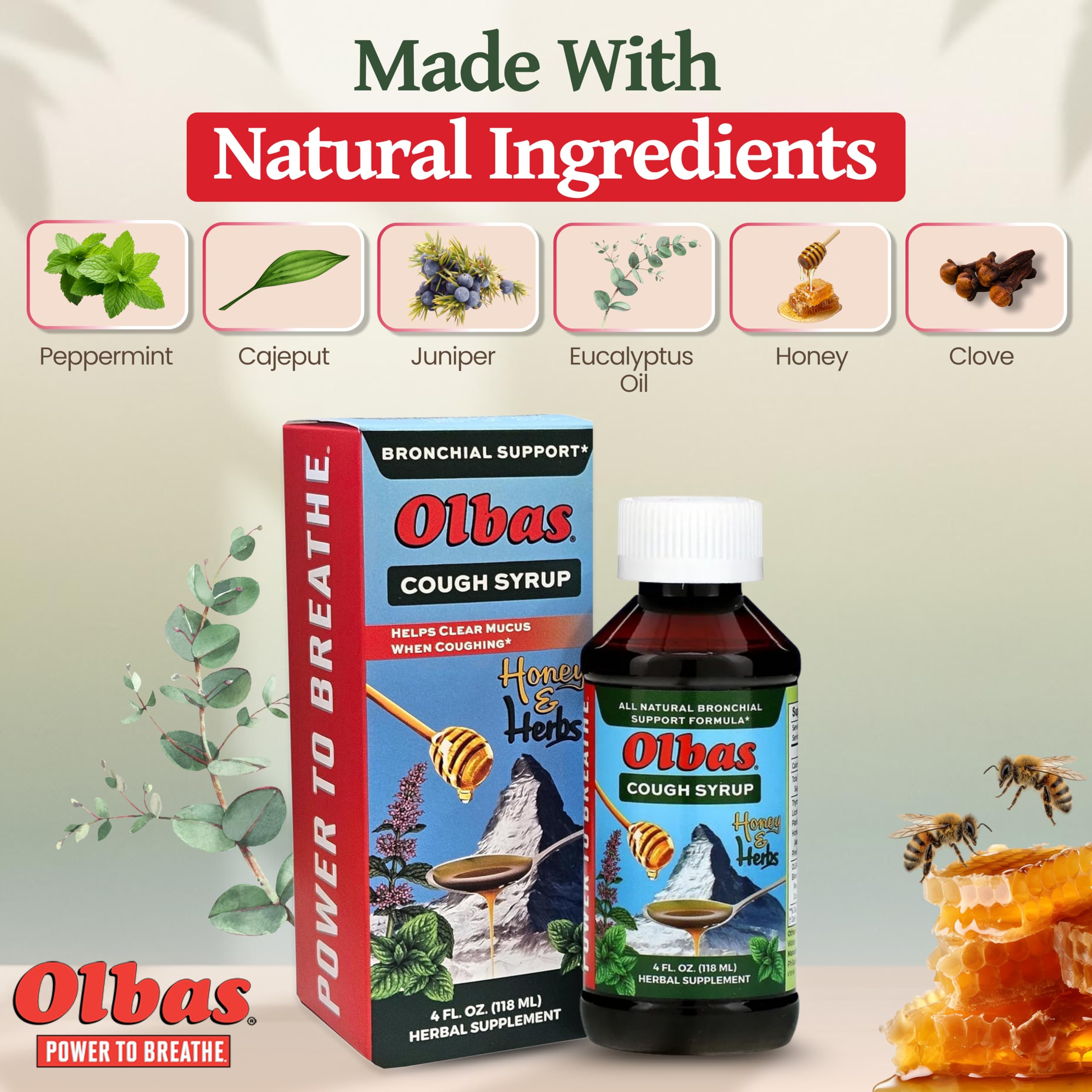 Olbas Cough Suppressant pack of 2 bottles displaying nutritional facts and ingredients