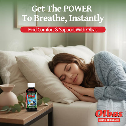 Side view of Olbas imported bronchial support syrup highlighting the herbal recipe