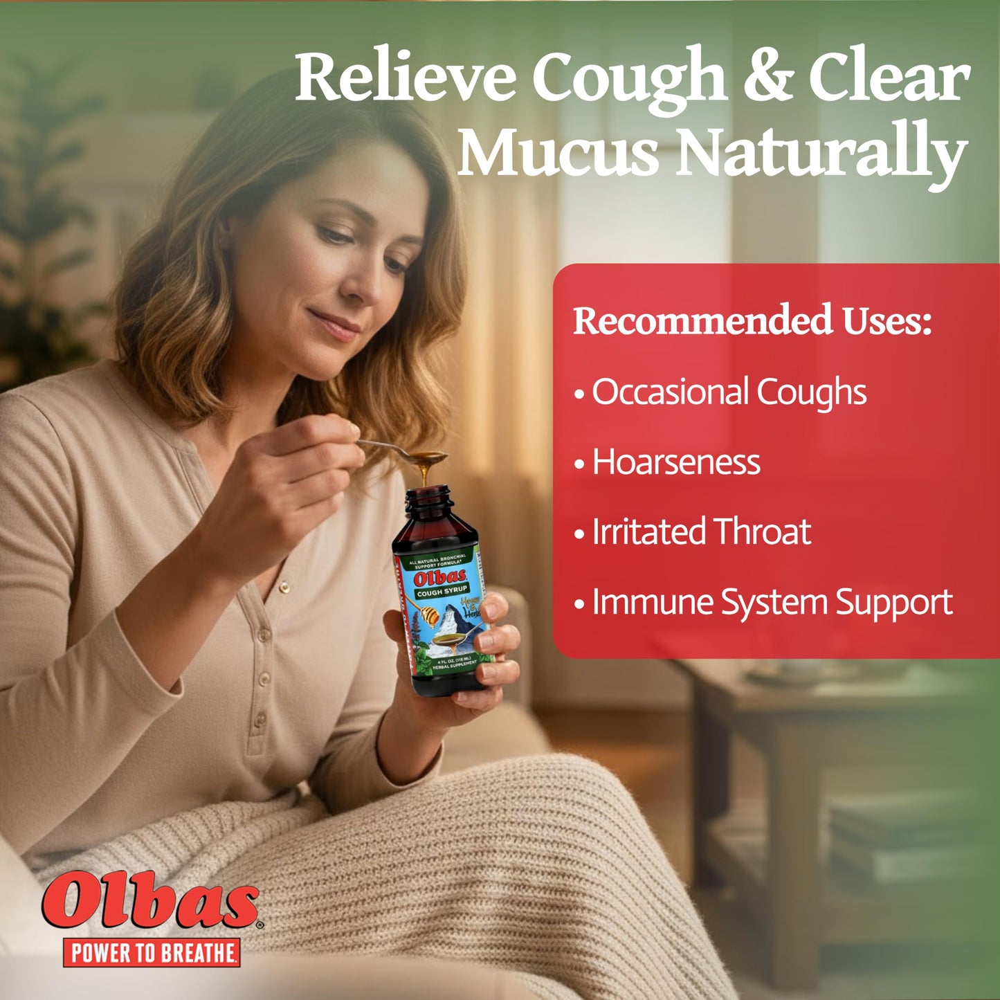 Authentic USA imported Olbas natural cough syrup bottle with pure wildflower honey label