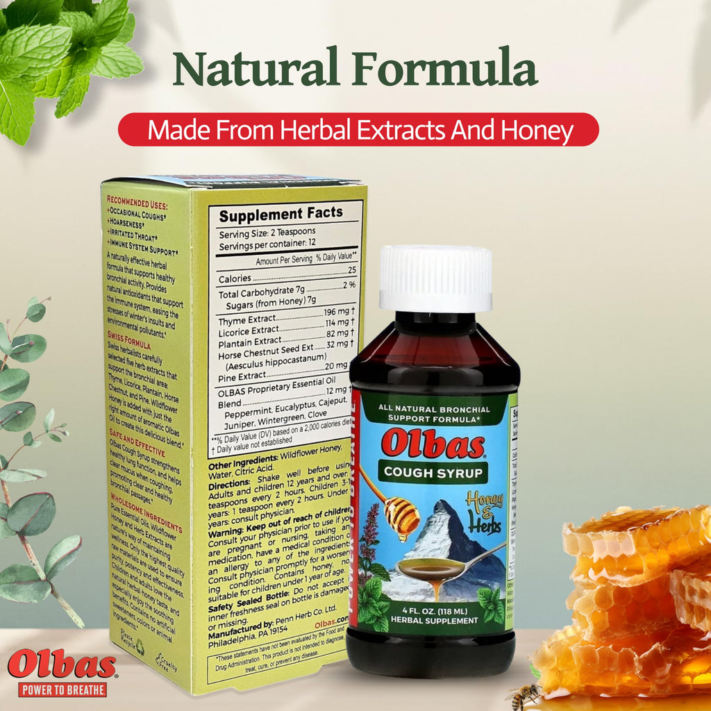 Olbas Swiss formula cough syrup showing the protective seal and clear fluid measurements