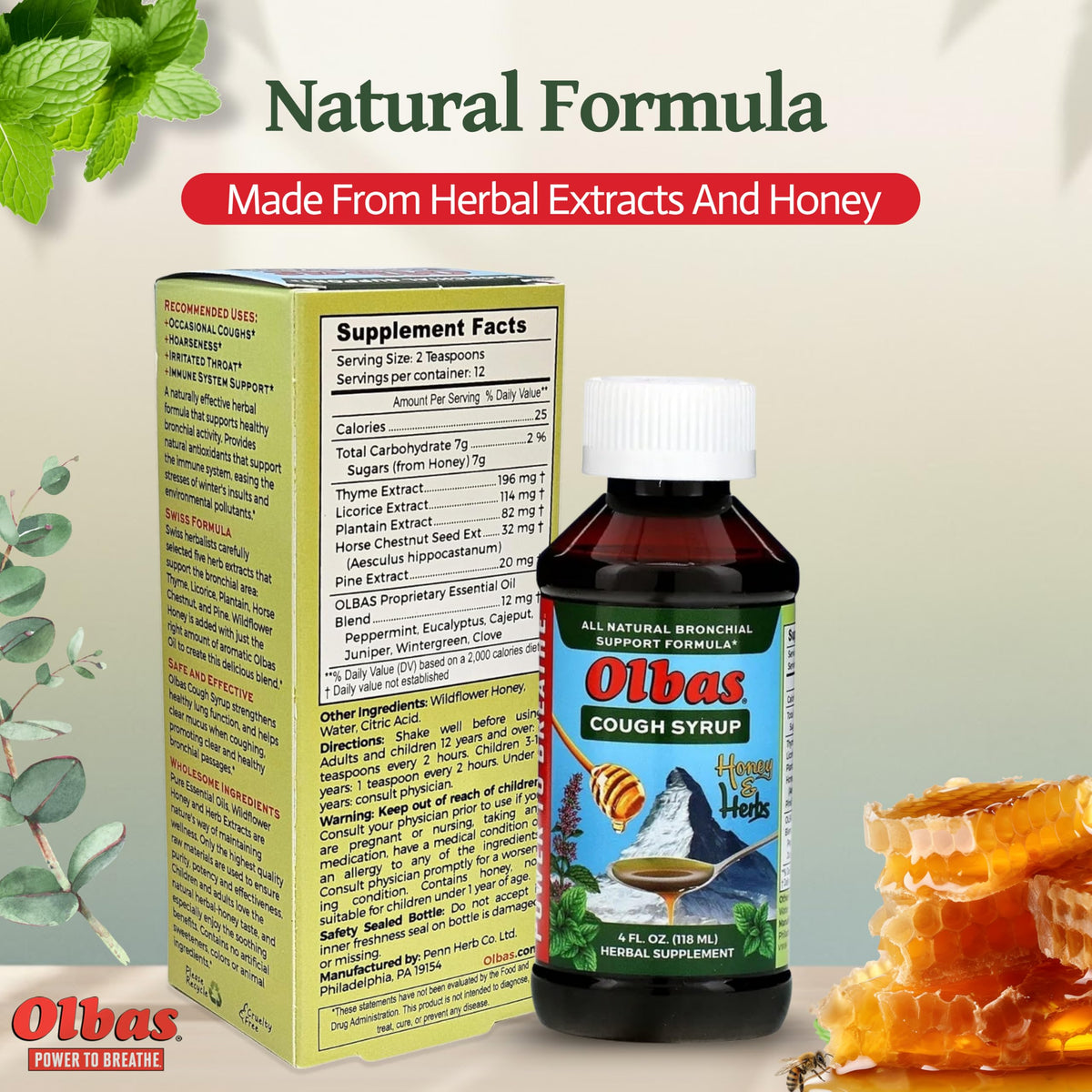 Olbas Swiss formula cough syrup showing the protective seal and clear fluid measurements