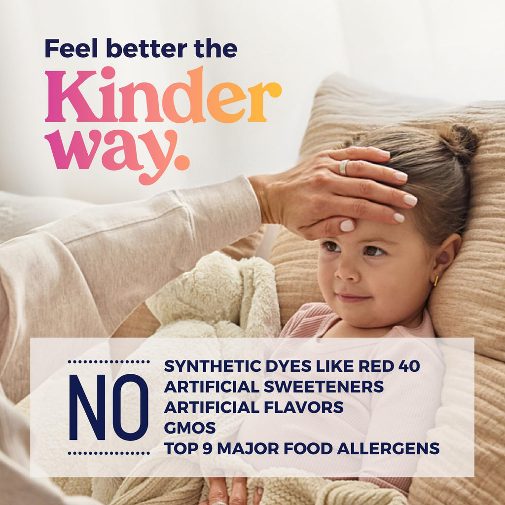 KinderMed Infants daytime and nighttime cough liquid bottles showing natural cherry flavor label